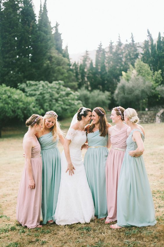 pink and green dresses wedding